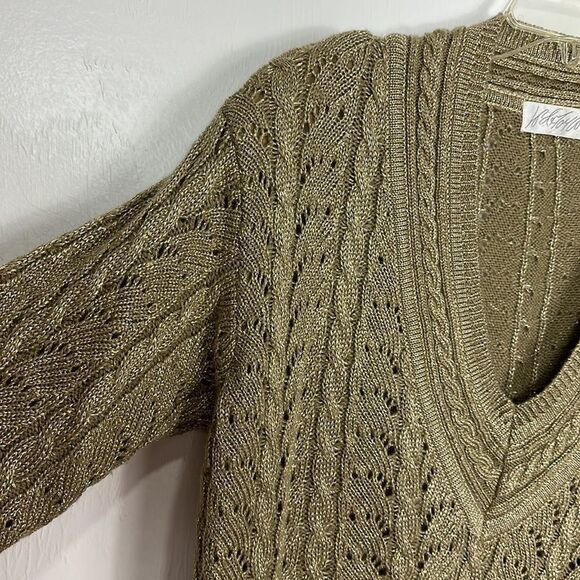 Lord & Taylor Wool Blend Gold Metallic Cable Knit V-neck Pullover Sweater Size M - Picture 2 of 7